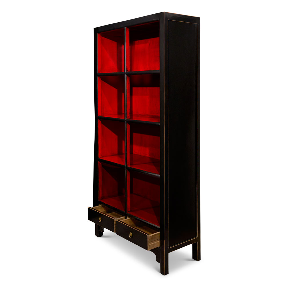 Distressed Black and Red Elmwood Zen Asian Bookcase