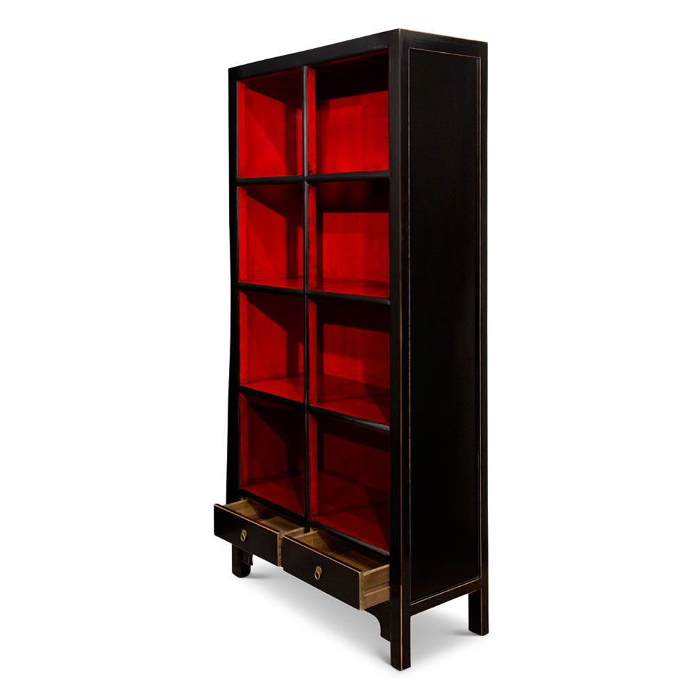 Distressed Black and Red Elmwood Zen Asian Bookcase