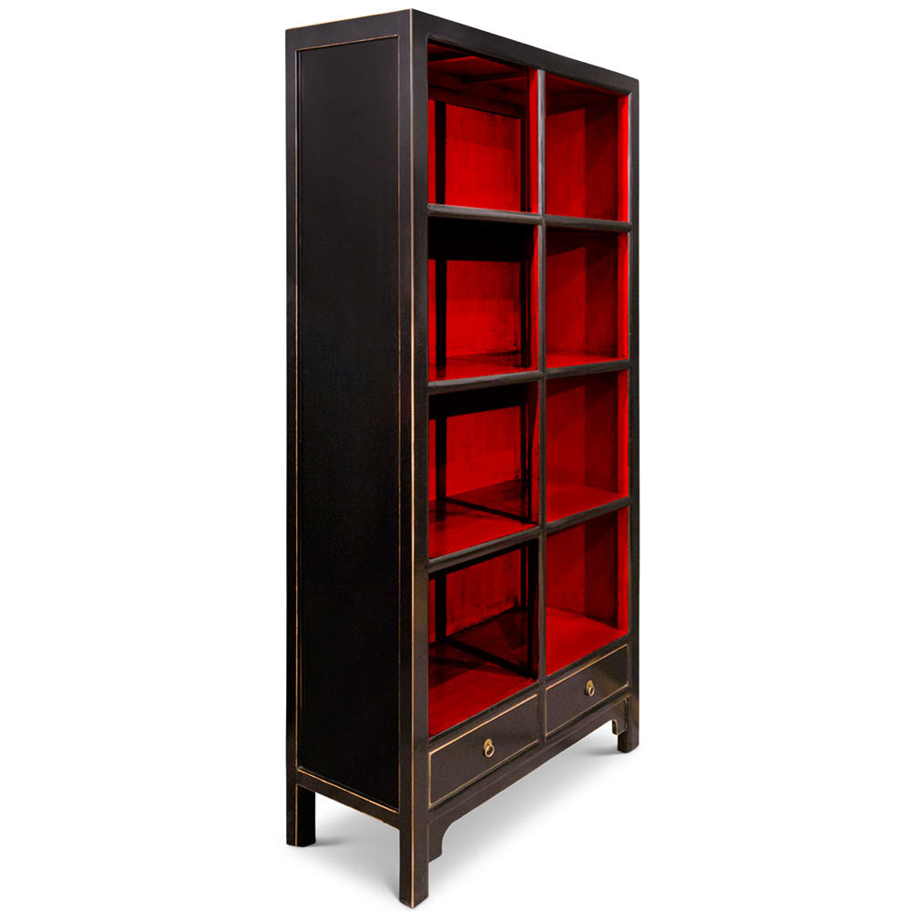 Distressed Black and Red Elmwood Zen Asian Bookcase