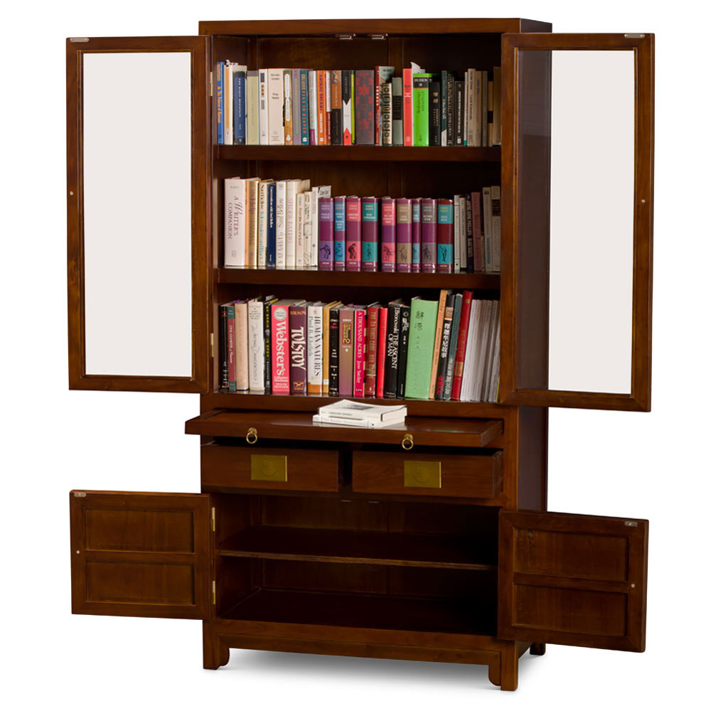 Mahogany Finish Elmwood Ming Style Asian Bookcase