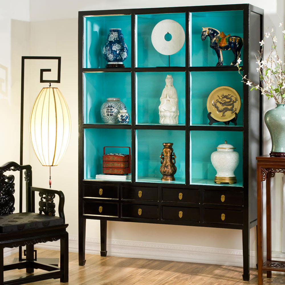 Distressed Black and Aqua Blue Elmwood Grand Zen Asian Bookcase