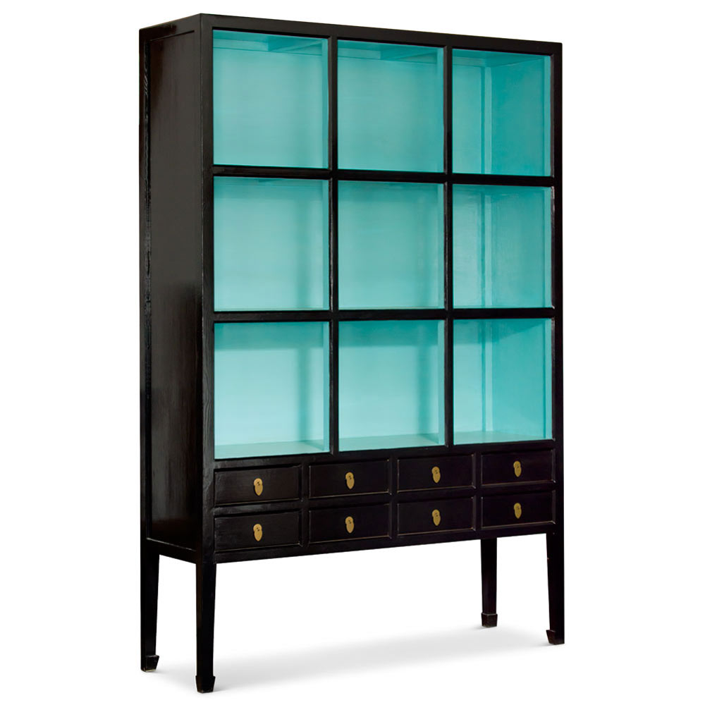 Distressed Black and Aqua Blue Elmwood Grand Zen Asian Bookcase