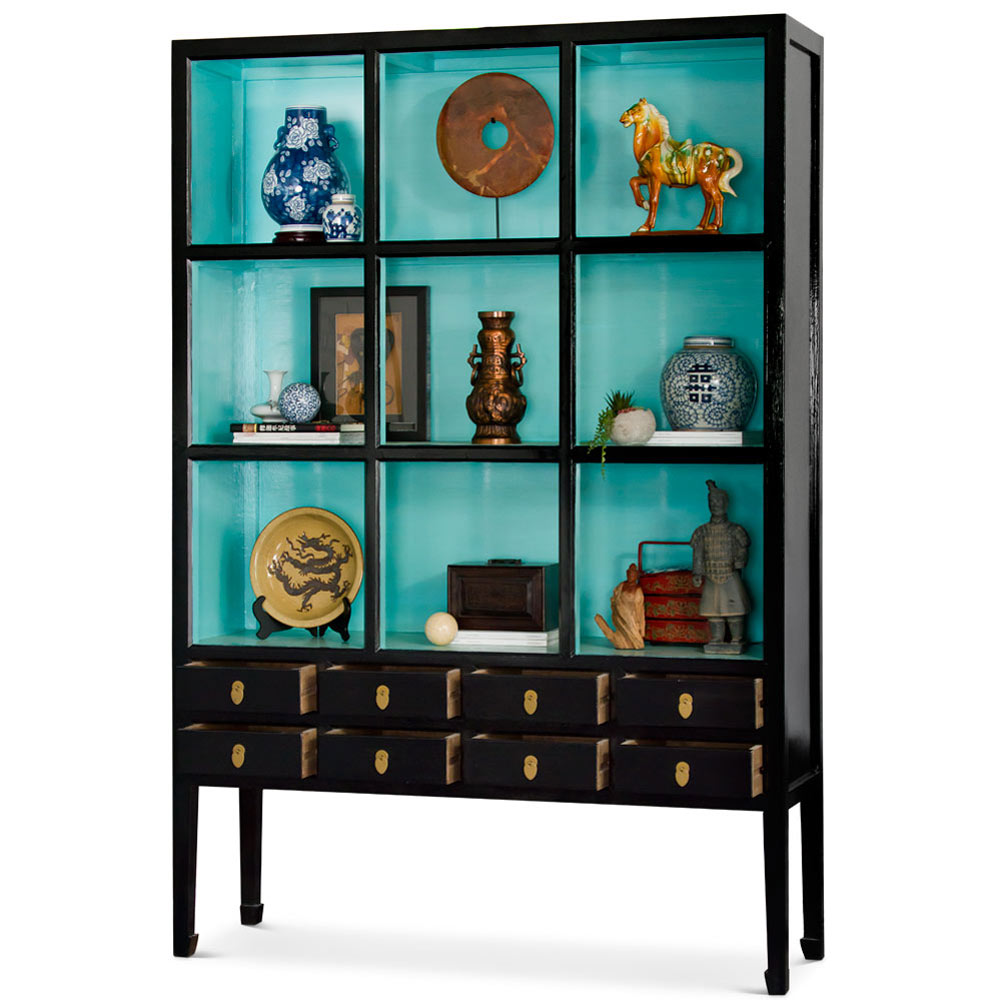 Distressed Black and Aqua Blue Elmwood Grand Zen Asian Bookcase