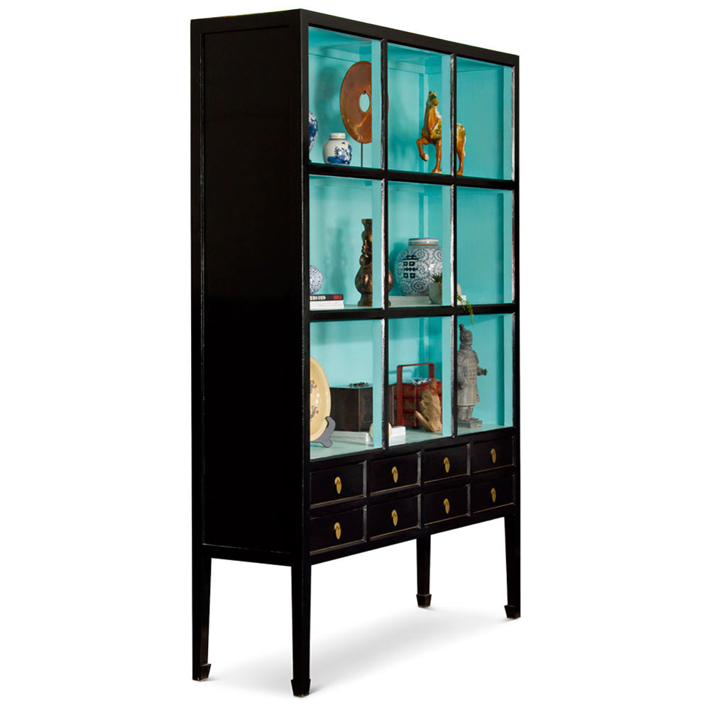 Distressed Black and Aqua Blue Elmwood Grand Zen Asian Bookcase