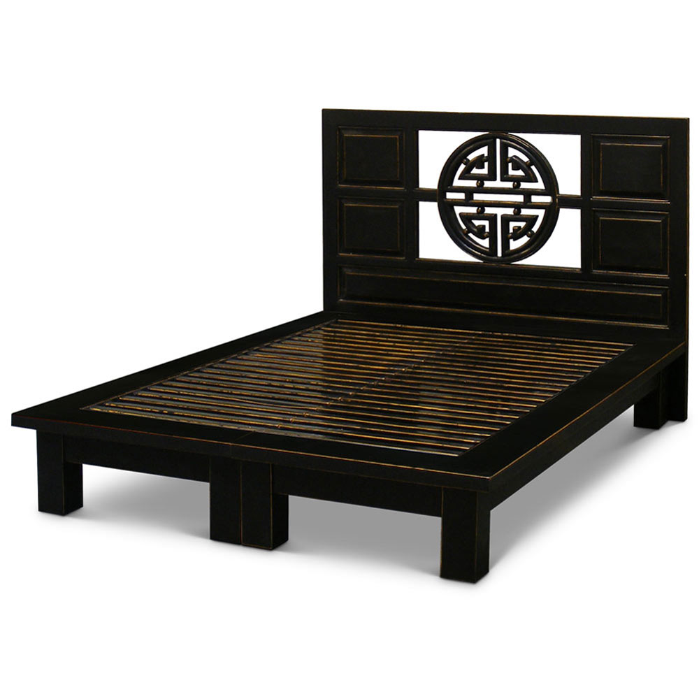 Distressed Black Elmwood Yuan Yuan Queen Size Chinese Platform Bed