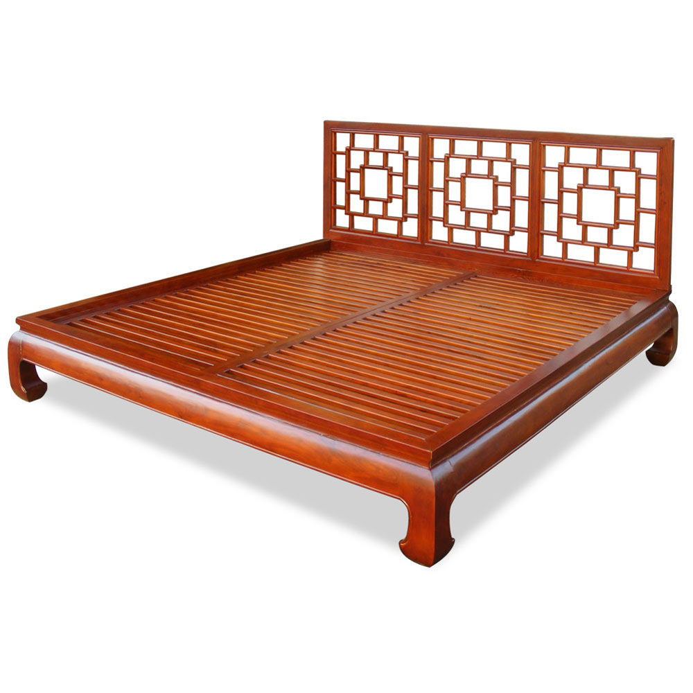 Honey Elmwood Ming King Size Chinese Platform Bed with Lattice Headboard