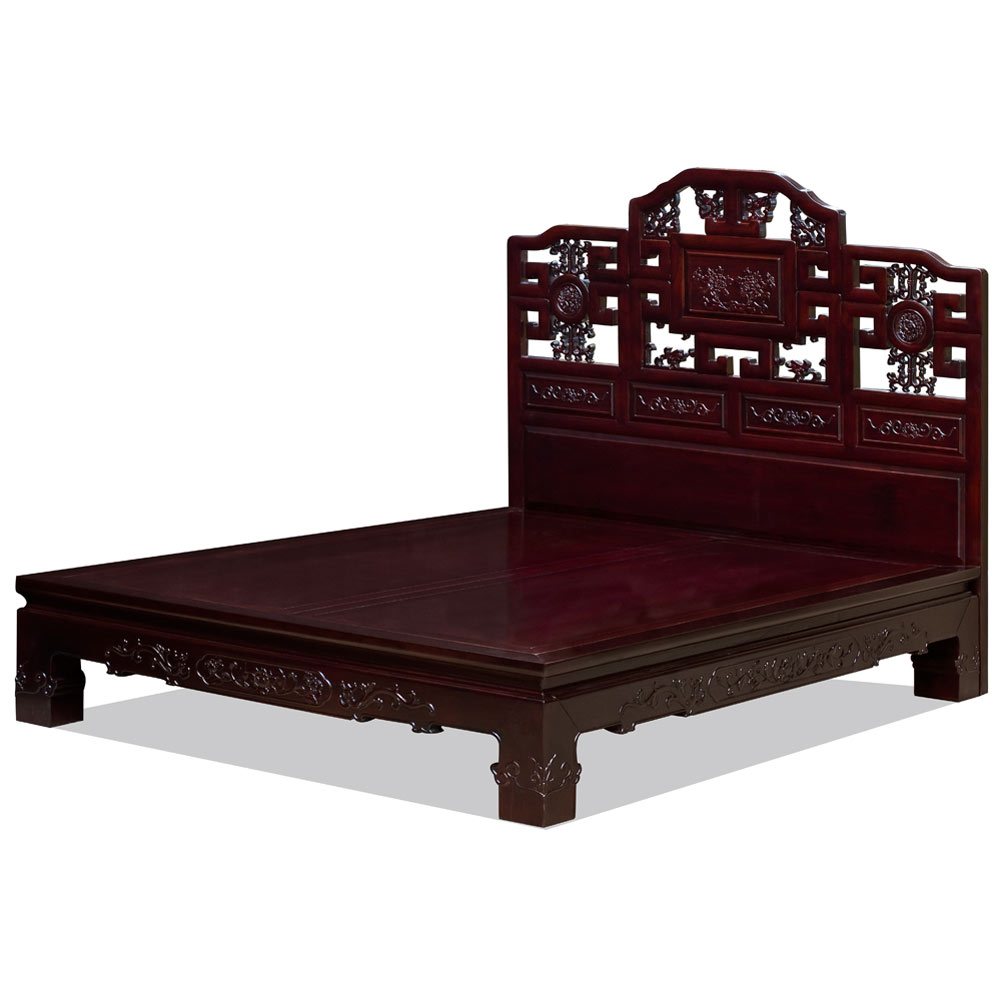 Dark Cherry Elmwood Imperial Qing Queen Size Chinese Platform Bed with Lattice Headboard