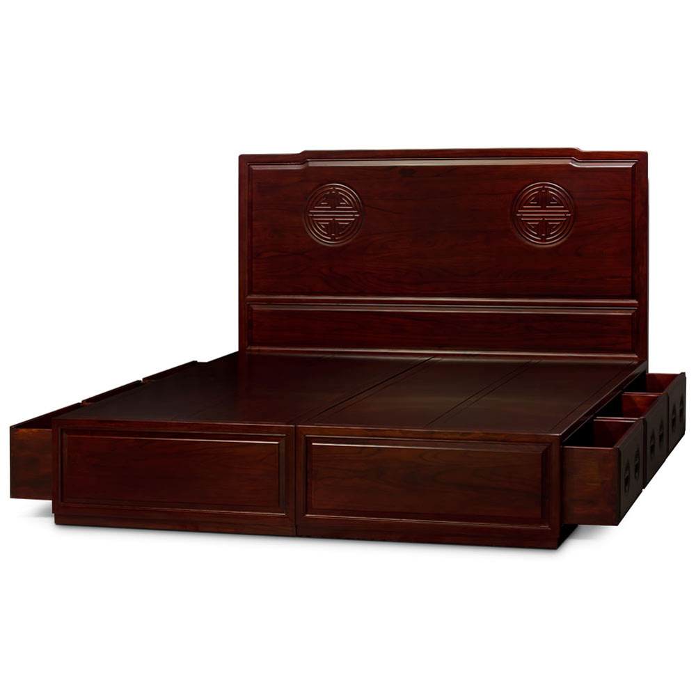 Dark Cherry Elmwood King Size Chinese Longevity Motif Platform Bed with 6 Drawers