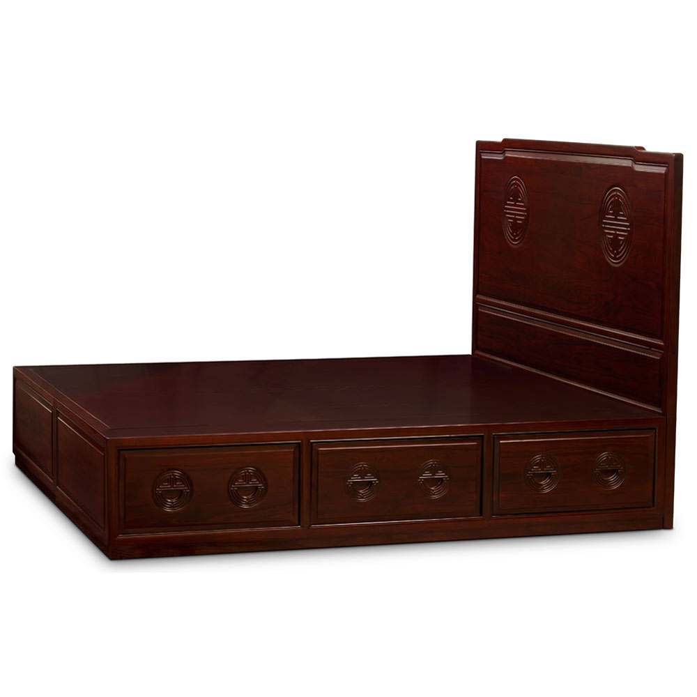 Dark Cherry Elmwood King Size Chinese Longevity Motif Platform Bed with 6 Drawers