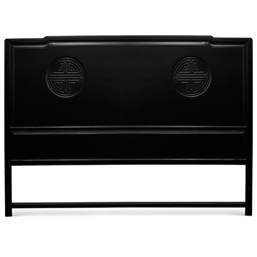 Black Elmwood King Size Chinese Longevity Motif Platform Bed with 6 Drawers