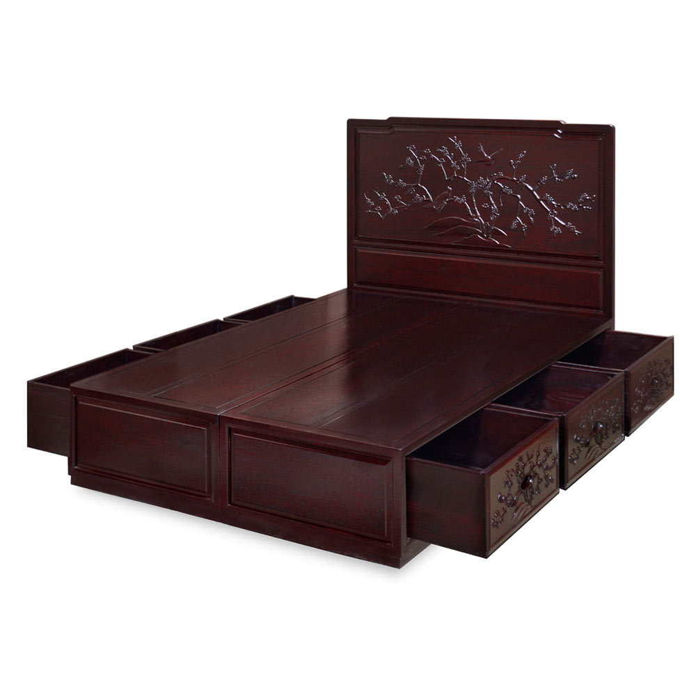 Dark Cherry Elmwood Flower and Bird Queen Size Oriental Platform Bed with Drawers