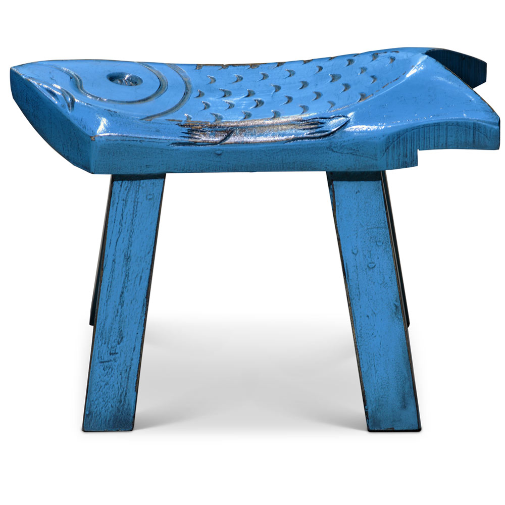 Hand Carved Distressed Blue Wooden Carp Asian Stool