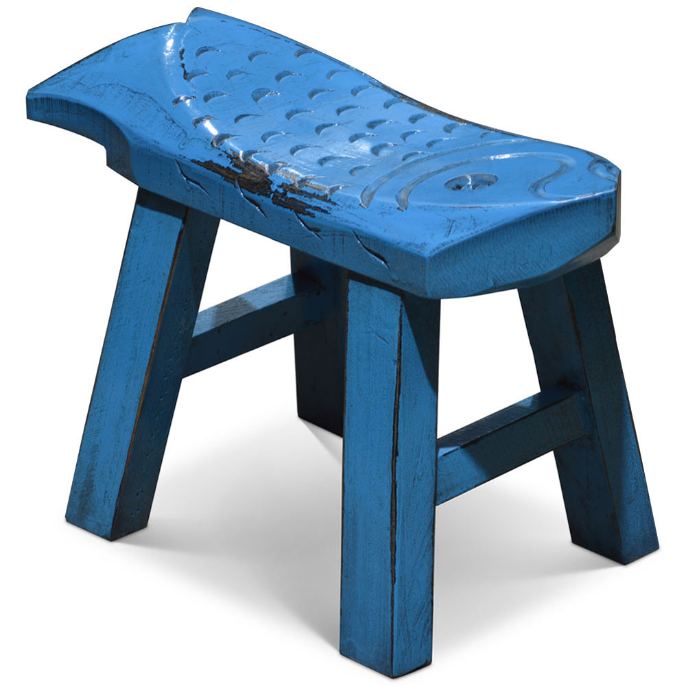 Hand Carved Distressed Blue Wooden Carp Asian Stool