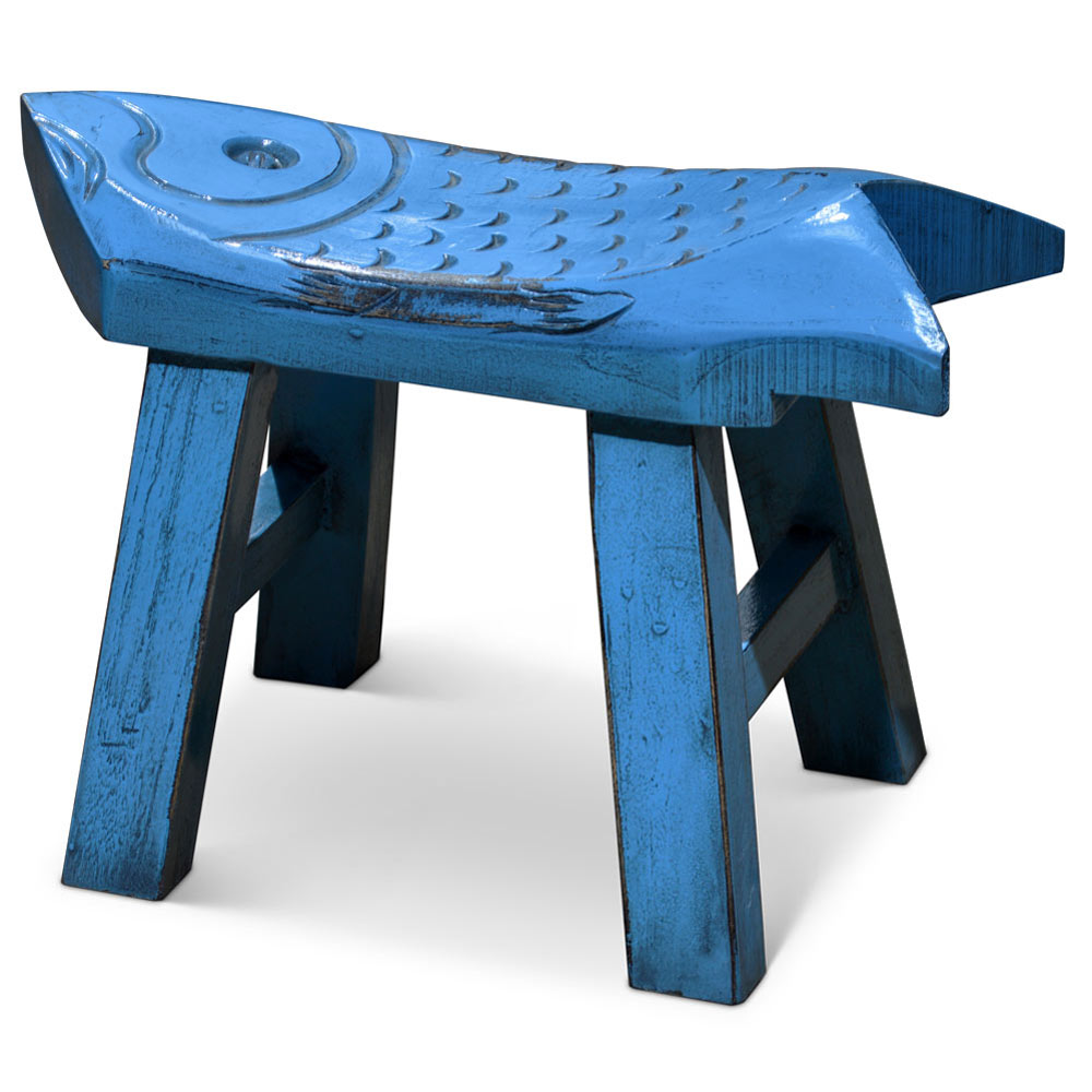 Hand Carved Distressed Blue Wooden Carp Asian Stool