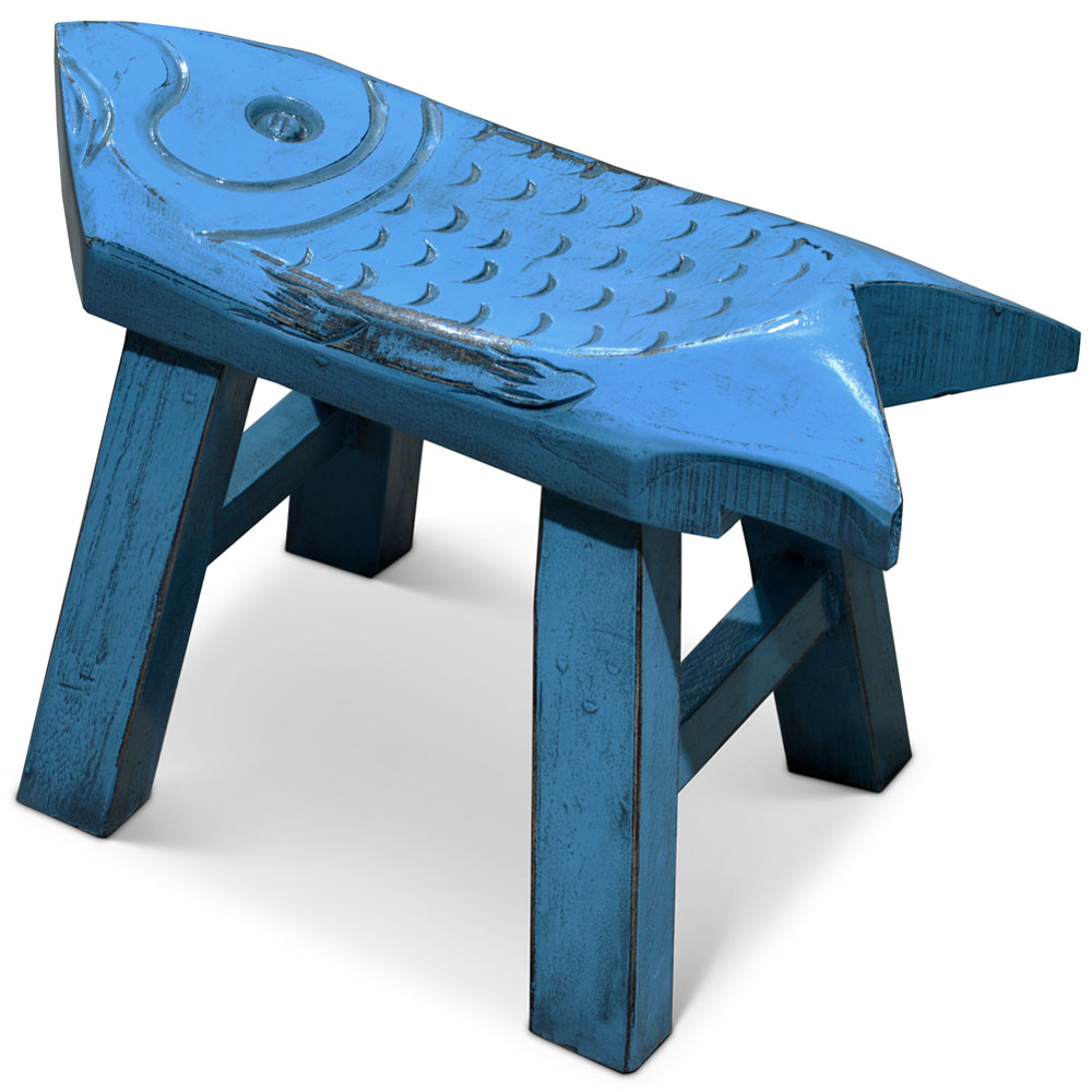 Hand Carved Distressed Blue Wooden Carp Asian Stool