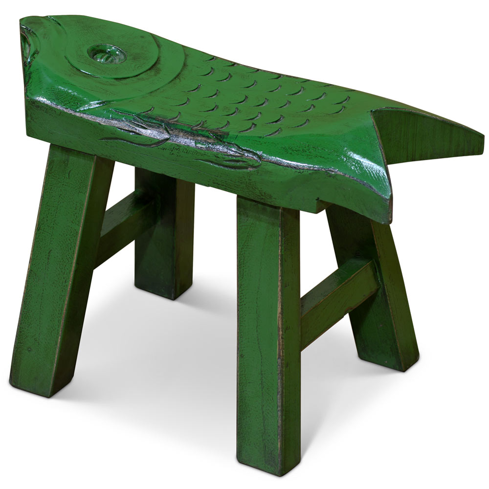 Hand Carved Distressed Green Wooden Carp Asian Stool