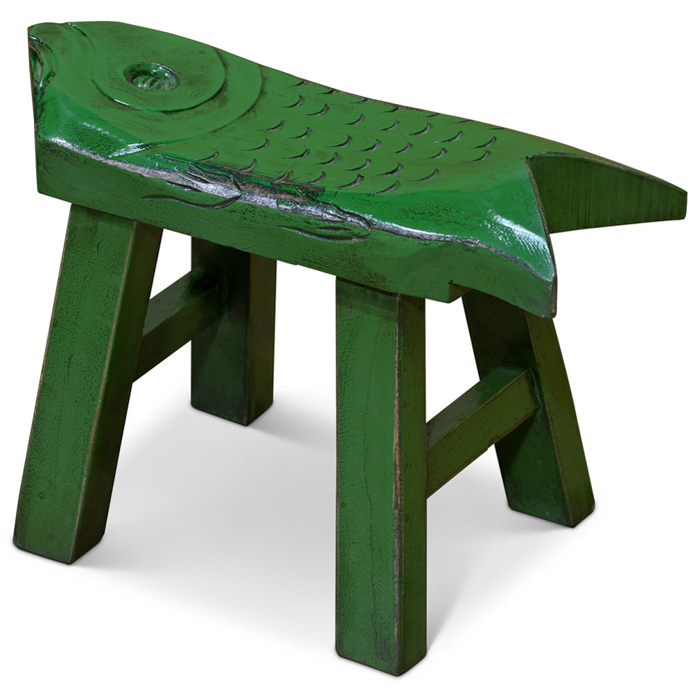 Hand Carved Distressed Green Wooden Carp Asian Stool