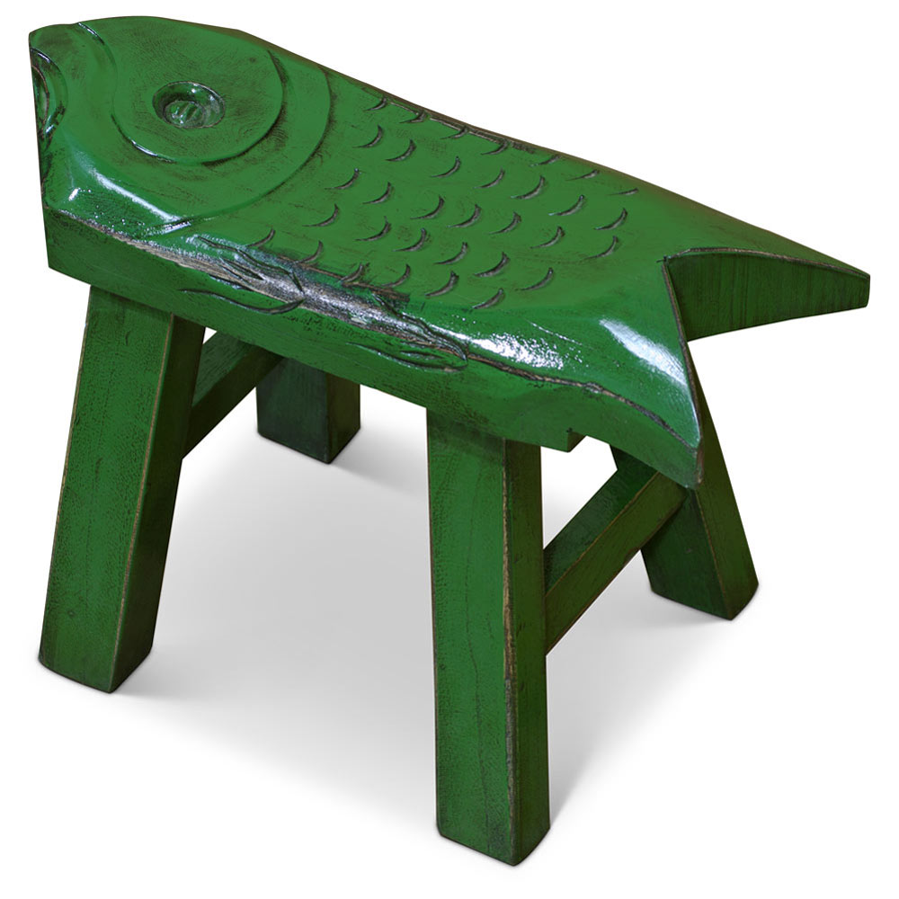 Hand Carved Distressed Green Wooden Carp Asian Stool