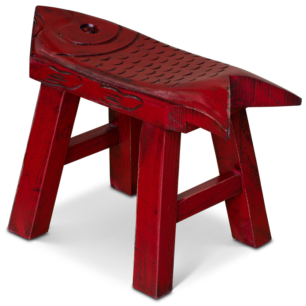 Hand Carved Distressed Red Wooden Carp Asian Stool