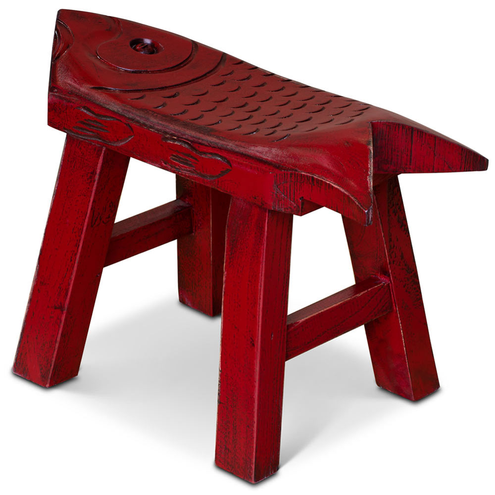 Hand Carved Distressed Red Wooden Carp Asian Stool