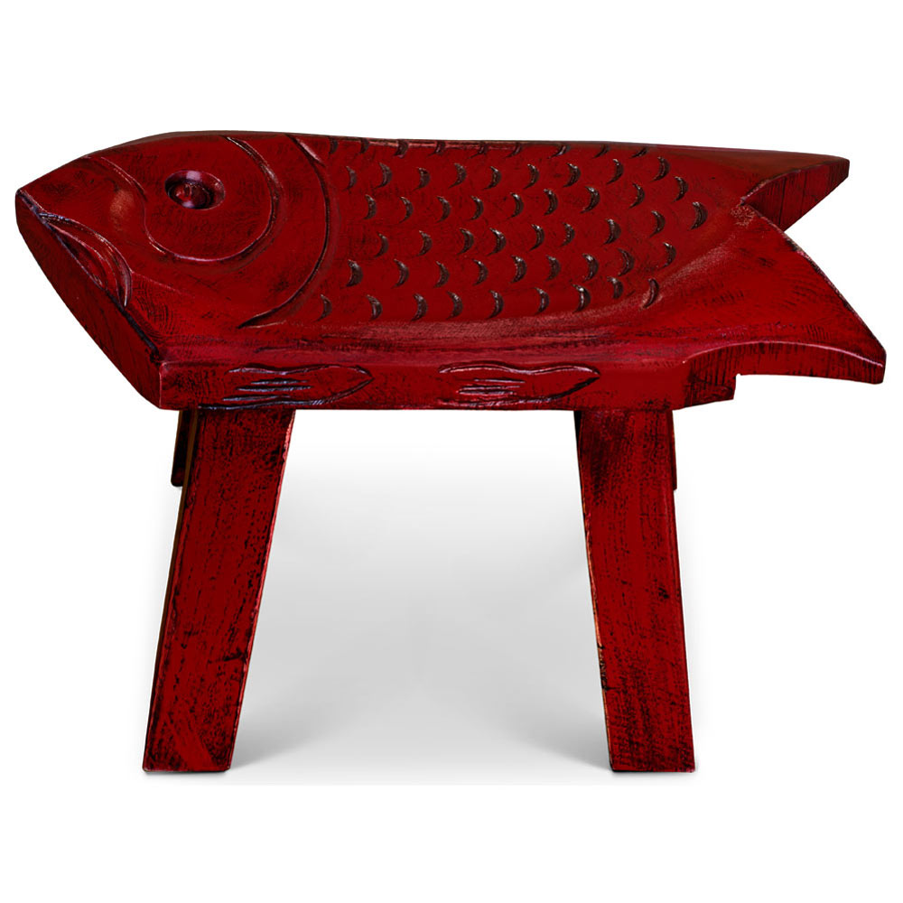 Hand Carved Distressed Red Wooden Carp Asian Stool