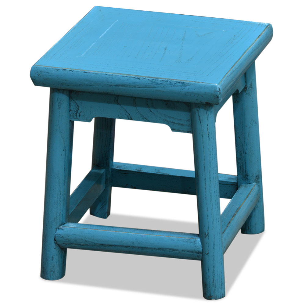 Distressed Light Blue Petite Chinese Village Wooden Bench