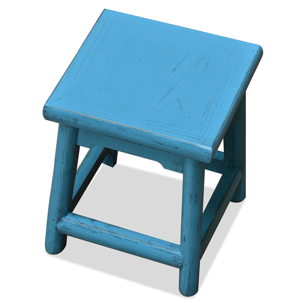 Distressed Light Blue Petite Chinese Village Wooden Bench