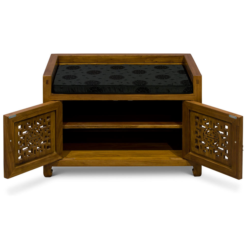 Walnut Elmwood Longevity Chinese Shoe Bench