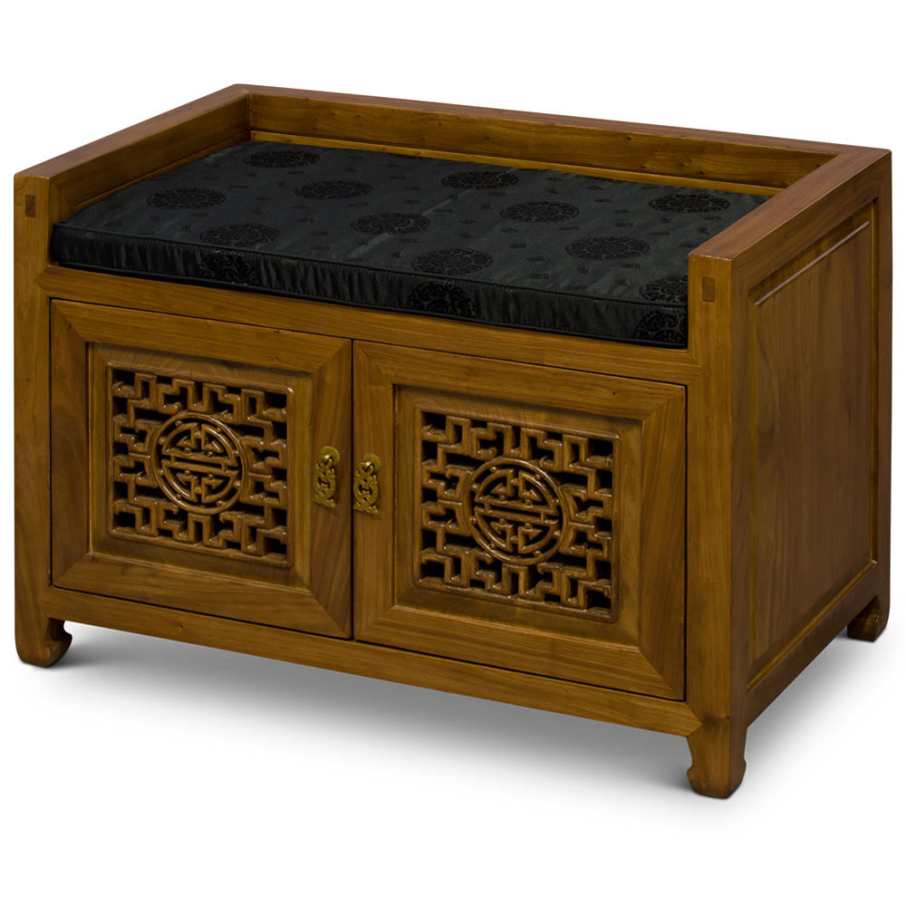 Walnut Elmwood Longevity Chinese Shoe Bench