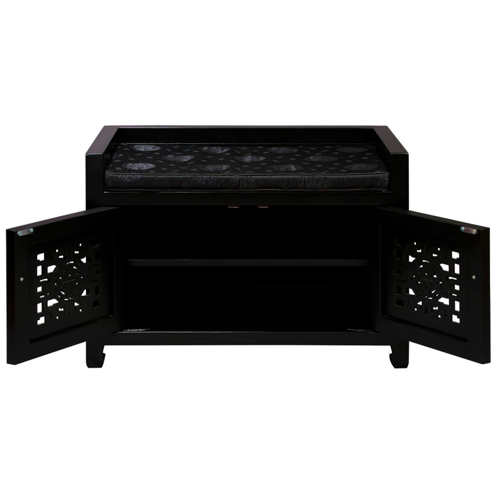 Matte Black Elmwood Longevity Chinese Shoe Bench