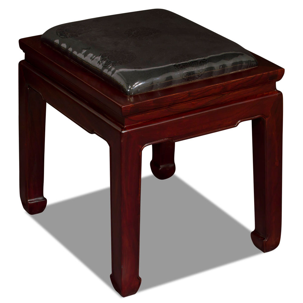 Dark Cherry Elmwood Chinese Ming Bench with Black Silk Cushion