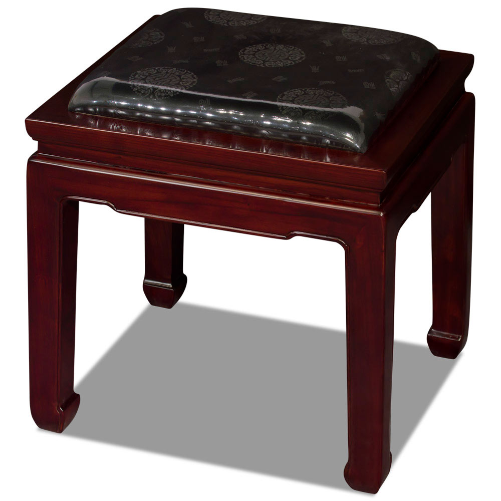 Dark Cherry Elmwood Chinese Ming Bench with Black Silk Cushion