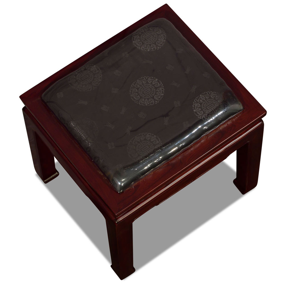 Dark Cherry Elmwood Chinese Ming Bench with Black Silk Cushion