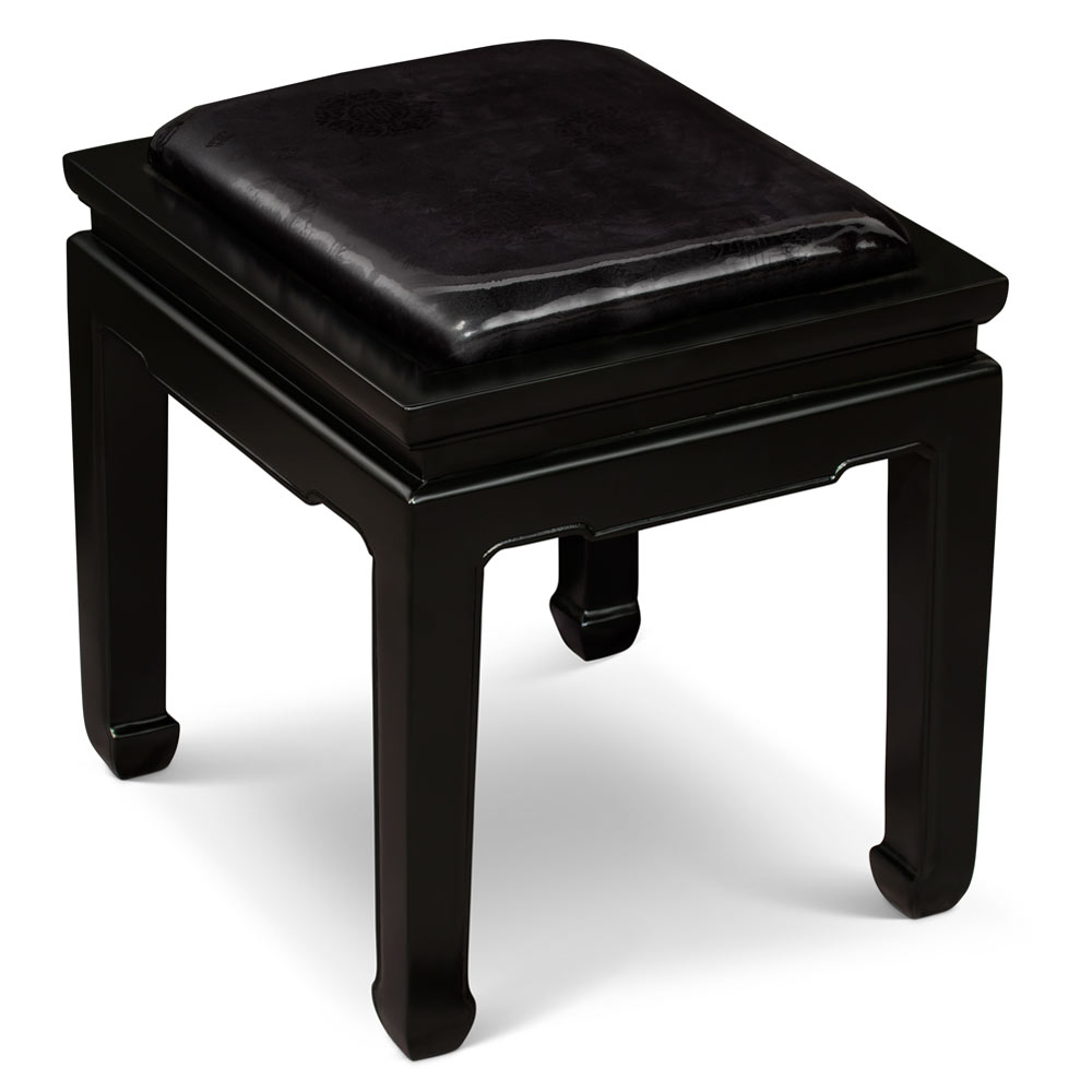Black Elmwood Chinese Ming Bench with Black Longevity Silk Cushion