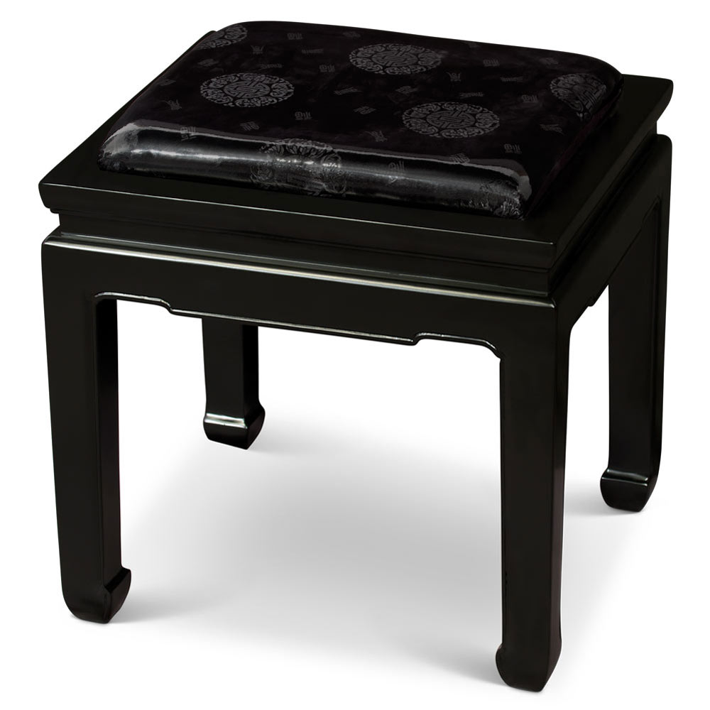 Black Elmwood Chinese Ming Bench with Black Longevity Silk Cushion