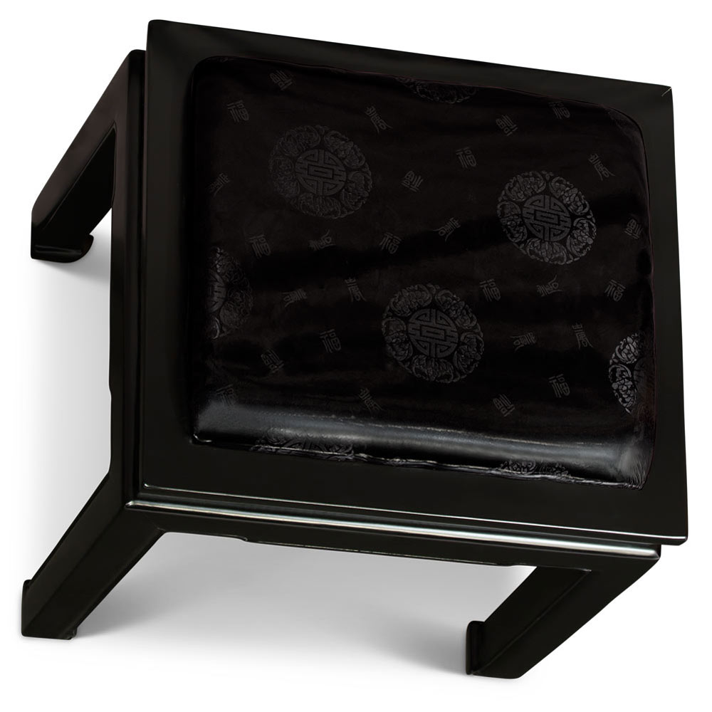 Black Elmwood Chinese Ming Bench with Black Longevity Silk Cushion