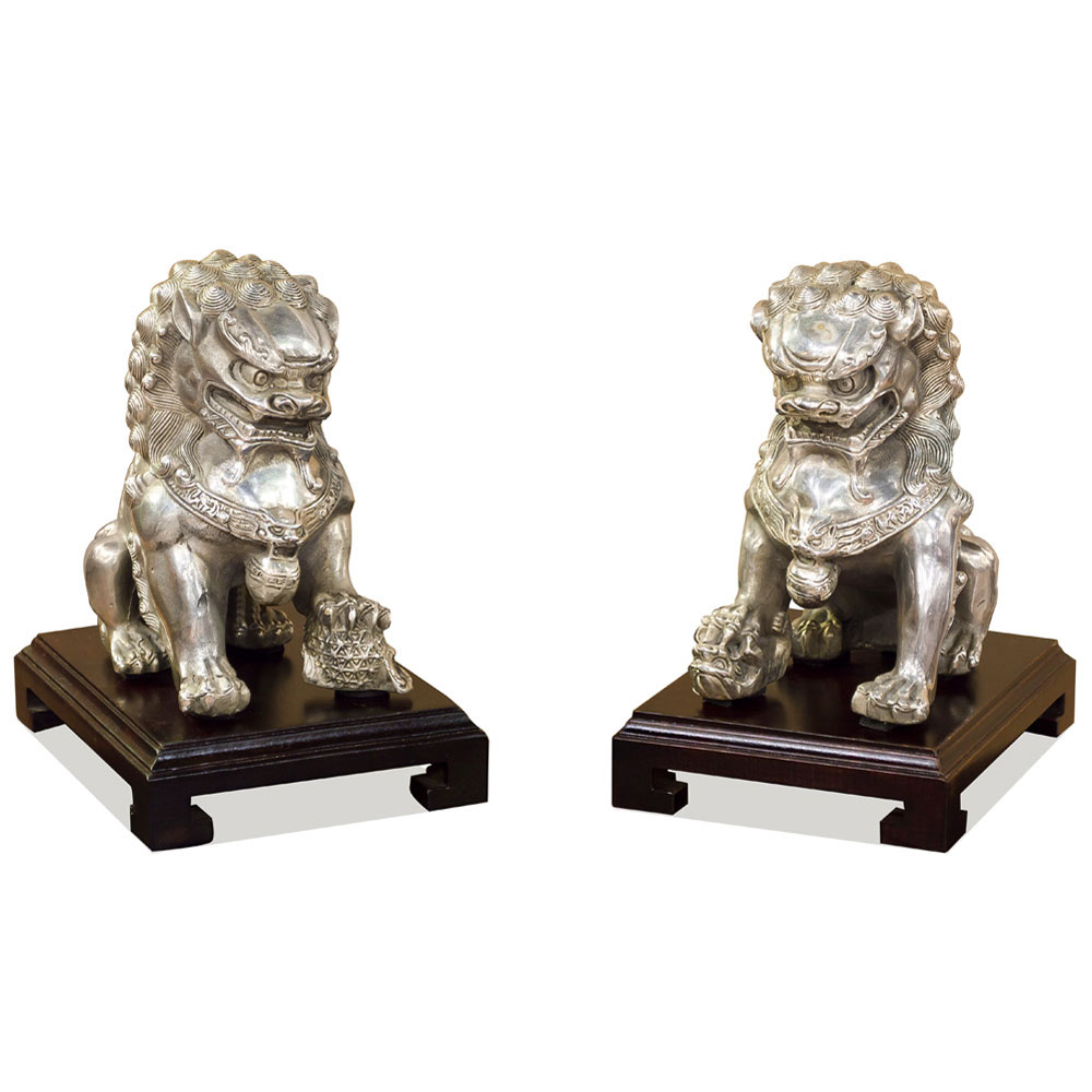 Silver Plated Foo Dog Oriental Figurine Set