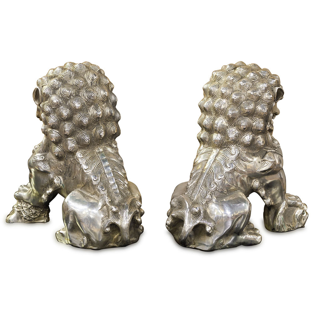 Silver Plated Foo Dog Oriental Figurine Set