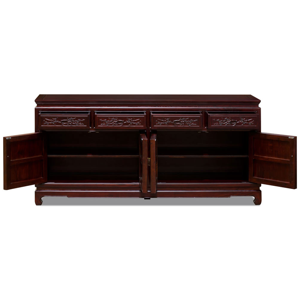 Dark Cherry Elmwood Bird and Flower Motif Oriental Sideboard