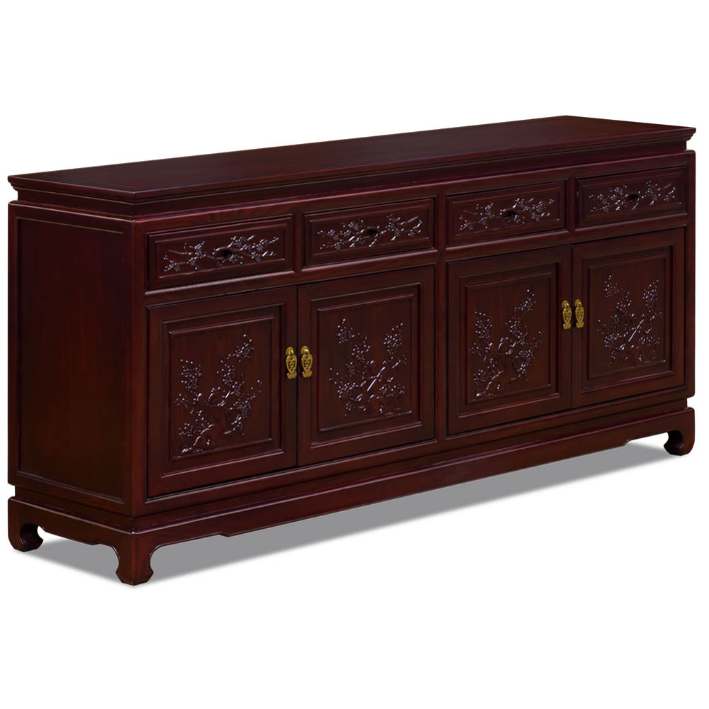 Dark Cherry Elmwood Bird and Flower Motif Oriental Sideboard