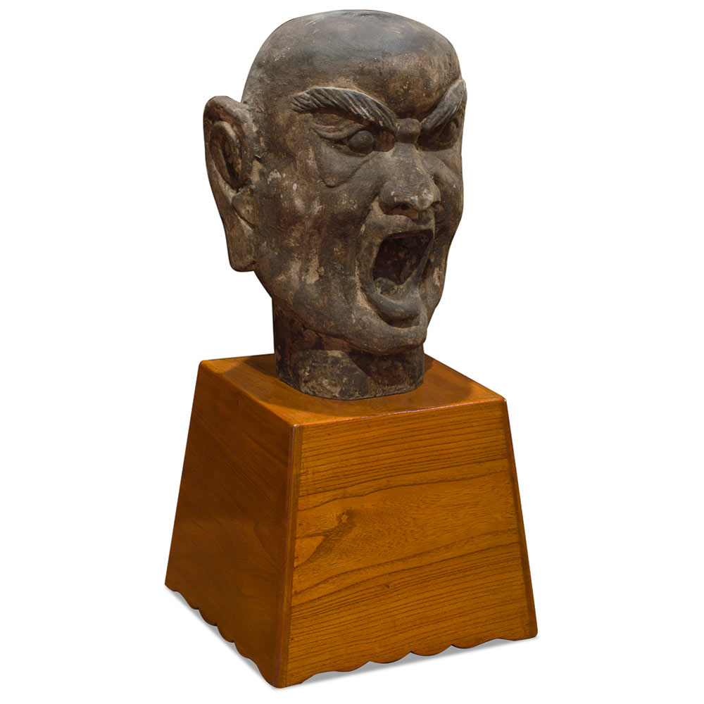 Distressed Wooden Monk Head Asian Sculpture