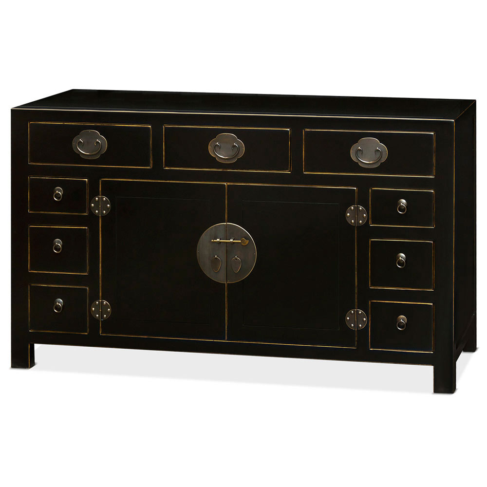 Black Elmwood Peking Oriental Cabinet with Assorted Compartments