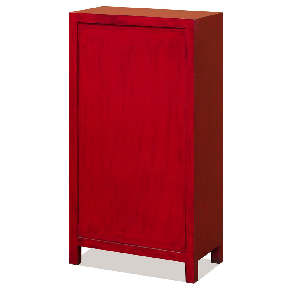 Slim Distressed Red Elmwood Chinese Ming Cabinet