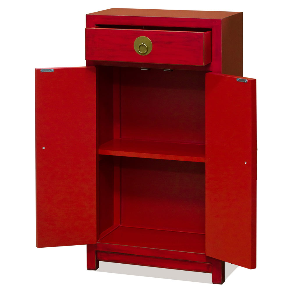 Slim Distressed Red Elmwood Chinese Ming Cabinet