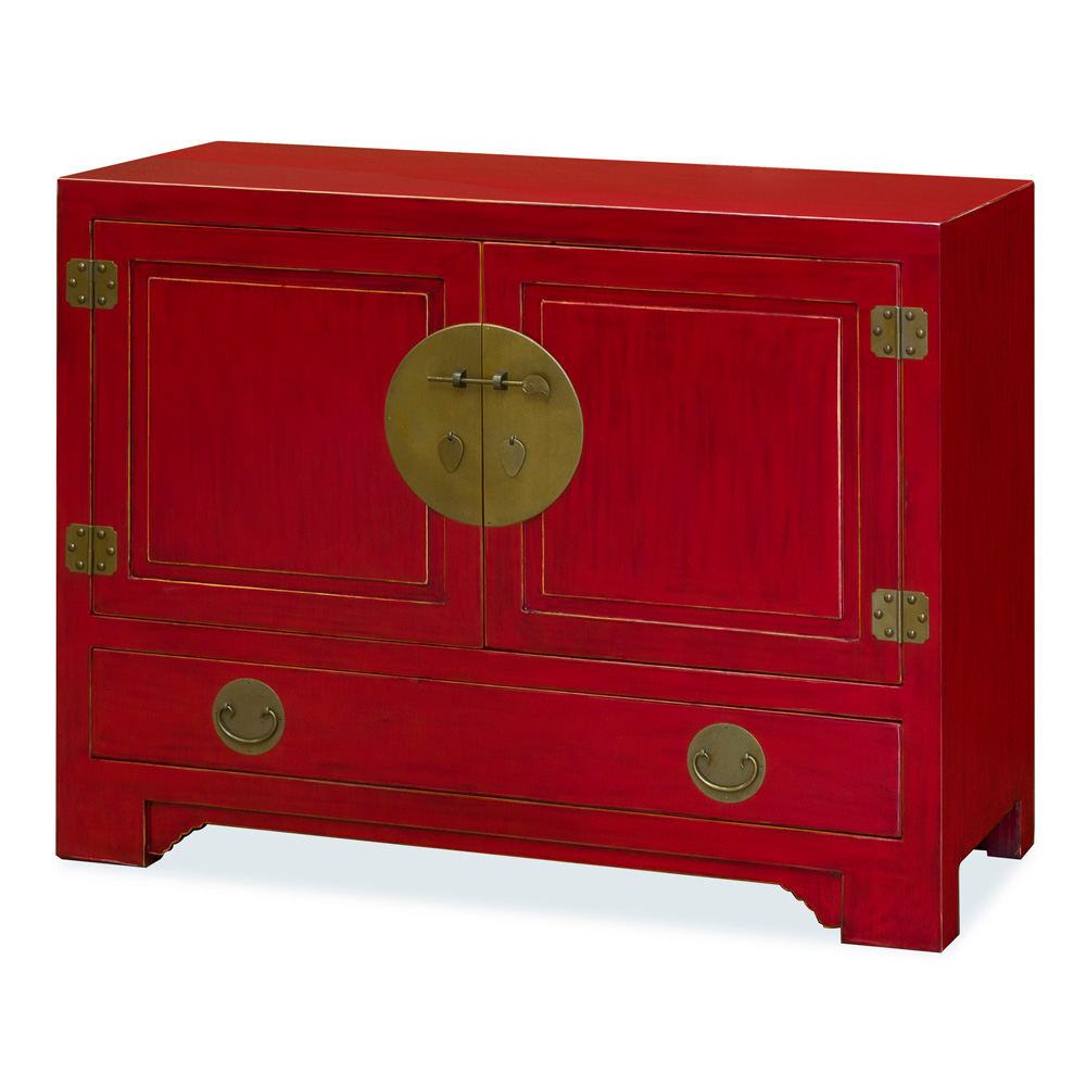 Distressed Red Elmwood Chinese Ming Vanity Cabinet