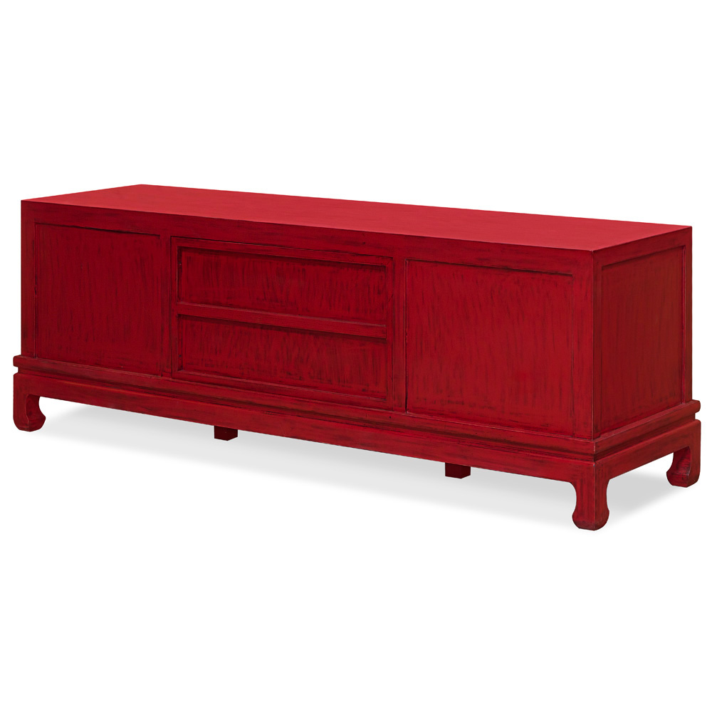 Distressed Red Elmwood Chinese Kang Media Cabinet