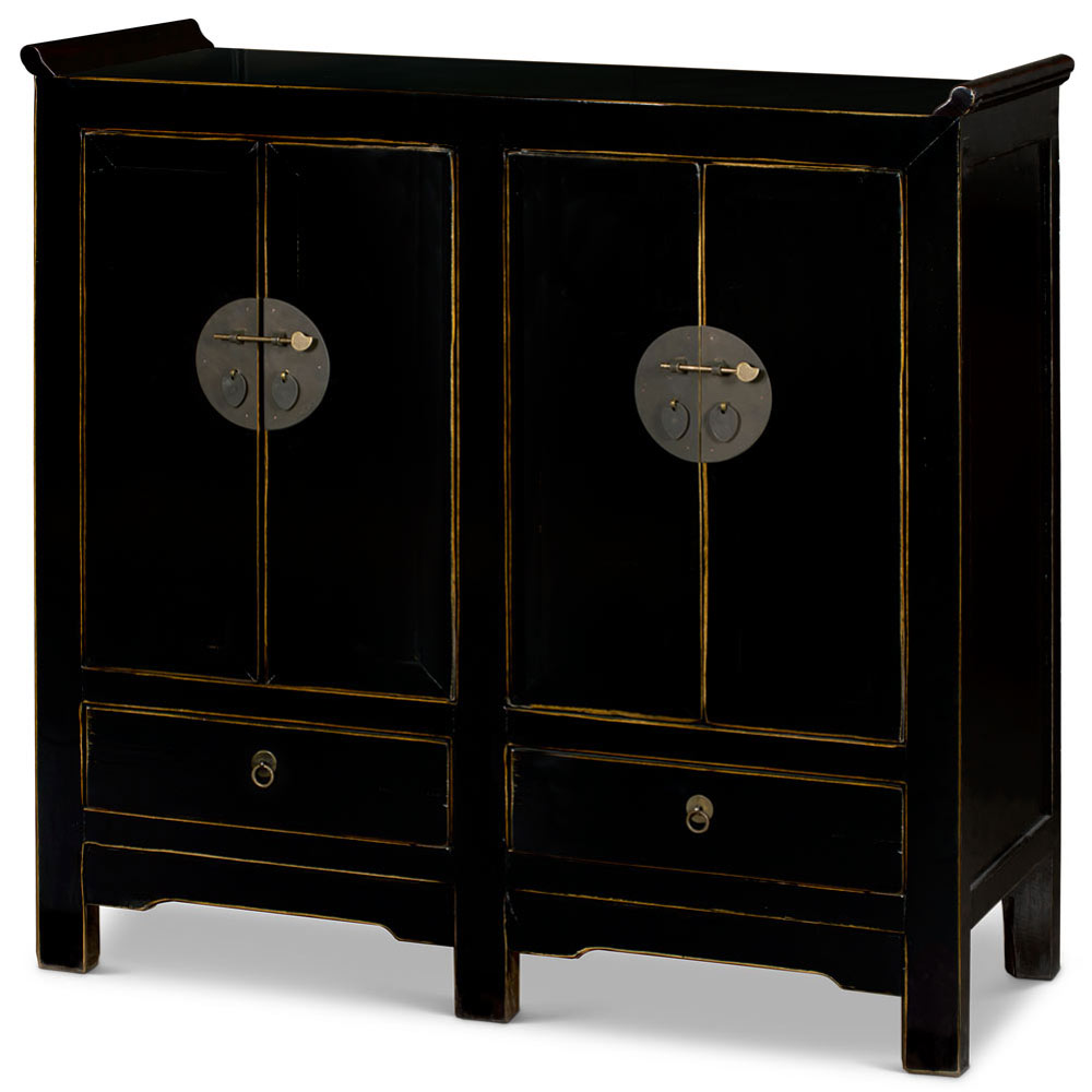 Distressed Black Elmwood Altar Style Ming Oriental Cabinet