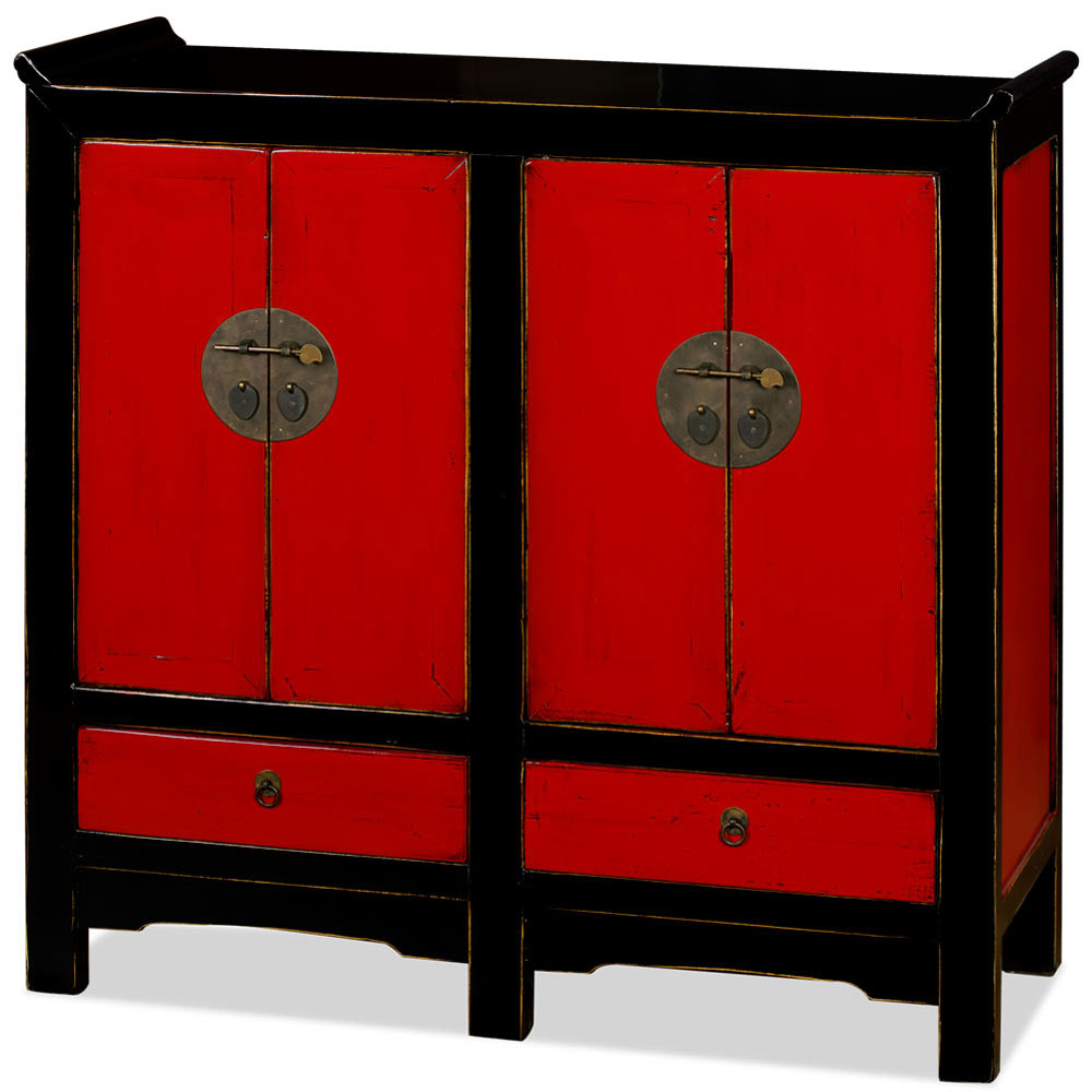 Distressed Red and Black Elmwood Altar Style Ming Cabinet