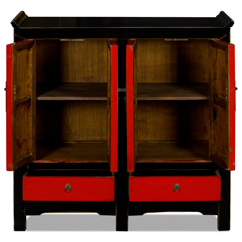 Distressed Red and Black Elmwood Altar Style Ming Cabinet