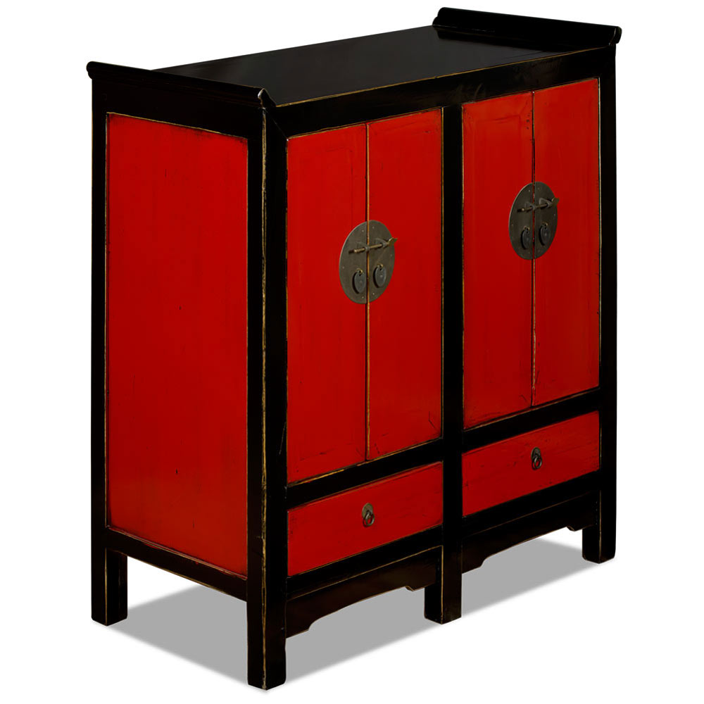 Distressed Red and Black Elmwood Altar Style Ming Cabinet